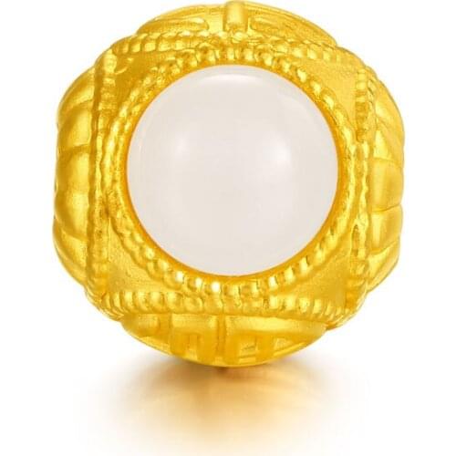 New 24K Yellow Gold Bracelet 999 Gold Carved Fu White Jade Beads Bracelet