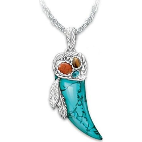 Inspiration From Buffalo \Native Spirit\ Buffalo Horn-Shaped Turquoises Necklace 925 Sterling Plated Plate