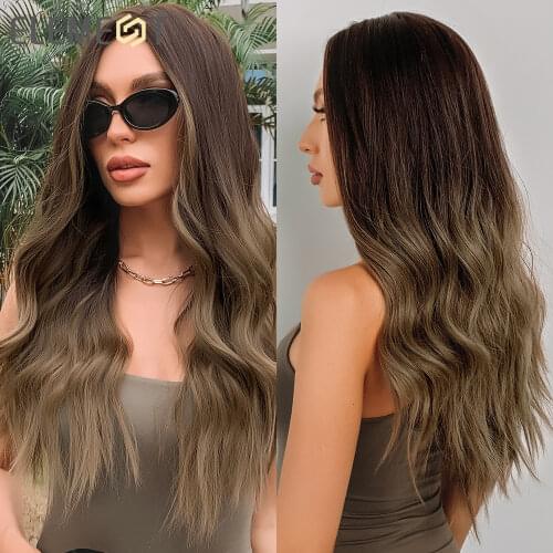 Element Dark Roots Light Ash Brown Blonde Ombre Long Wavy Hair Wigs Cosplay Costume Synthetic Party Wig for White Black Women