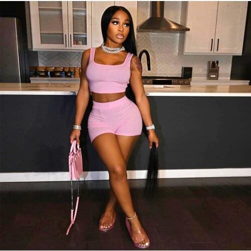 Casual Two Piece Sport Set Women Solid Sleeveless Bandage Tank Top and Workout Slim Fit Shorts Matching Outfit Streetwear Suit