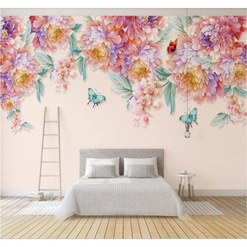 Professional custom wallpaper modern hd hand painted small fresh rose butterfly tv background wall