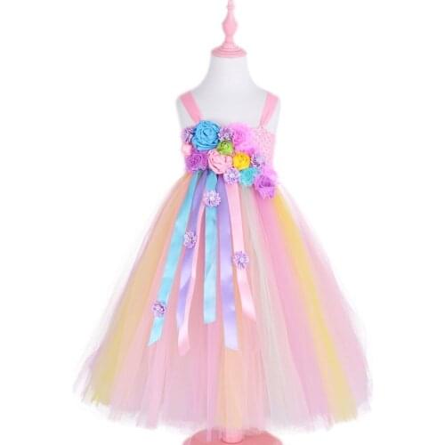 With Hair Decor color flowers unicorn dress long casual summer baby girl party dress kids clothes Christmas party costume 3-11s