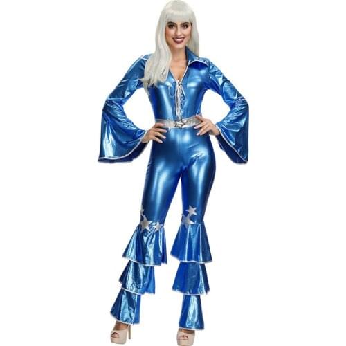 Blue PU Leather Long Sleeve Jumpsuit Retro 60s 70s Disco Hippie Singer Performance Nightclub Party Sexy Dancer Costumes