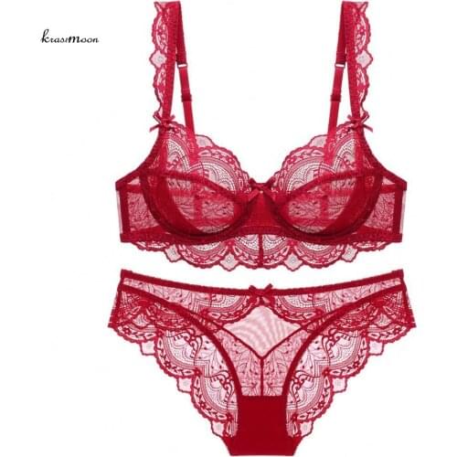 Thin See Through Lace Girls Sexy Bra and Panty New Design Gather Push Up Bra Set Plus Size