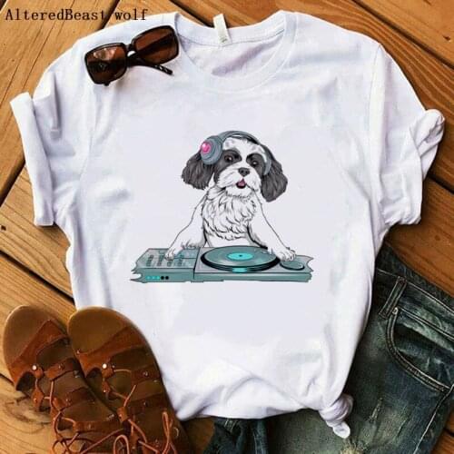 Dog Shih Tzu Disc Jockey Mama T shirt Funny Graphic Tees Women Kawaii Tshirt Mom Women Ulzzang Cute Cartoon T-shirt Tops Female