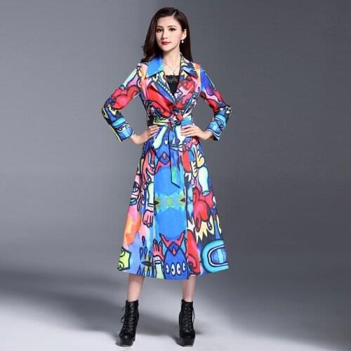 2019 Autumn Women Long Trench Coat Double-Breasted Print Outerwear Windbreaker Ladies Casual With Belt Casacos Femininos R679