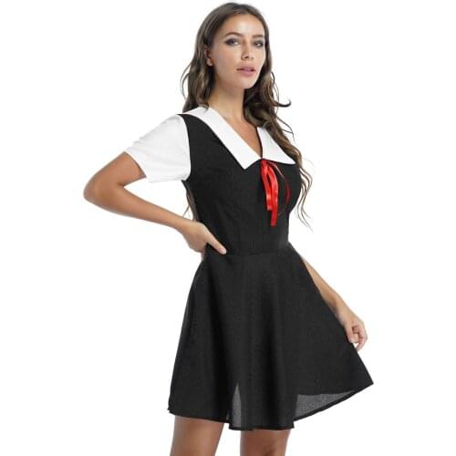 Women School Girls Role Play Outfits Cosplay Costumes Short Sleeve Sailor Collar Fancy Mini Flared Dress Anime Student Uniform