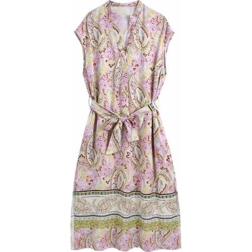 Summer Women Vintage Floral Printed Shirt Dress Chic Sleeveless Midi Dresses With Sashes Female Chic Side Split Dresses