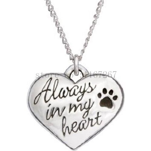 2015 New style "alway in my heart" Necklace Dog Paw Print Tag Heart silver pendant necklace Wholesale Jewelry