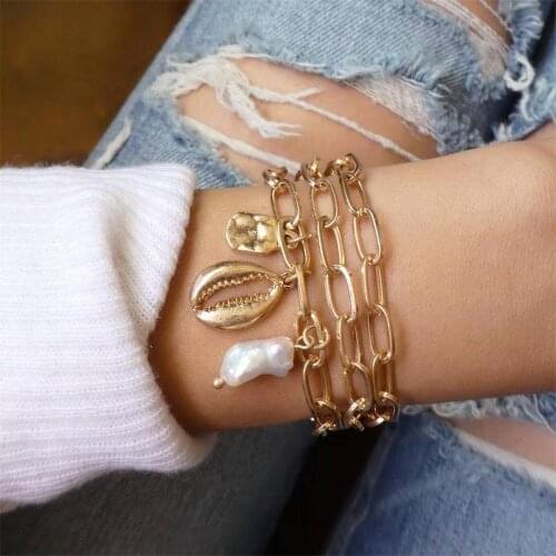 3 Pcs/Set Women Bracelets Personality Geometric Shell Pendant Thick Chain Gold Bracelet Set Beach Punk Jewelry Accessories