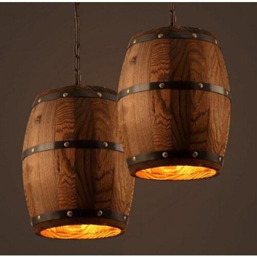 American Country Loft Wood Wine Barrel Hanging Fixture Ceiling Pendant Lamp E27 Light For Bar Cafe Living Dining Room Restaurant