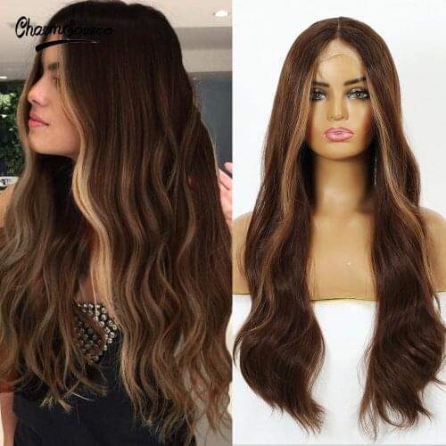 CharmSource Long Wavy Lace Part Synthetic Wigs Brown Blonde for White and Black Women Daily Hair High Density Heat Resistant Wig