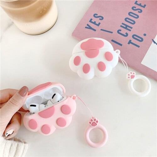3D Cat Paw Bluetooth Earphone Case for Airpods Pro Cute Accessories Protective Cover for AirPods 1 2 Silicone with Ring Strap