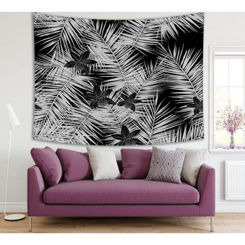 Tapestry Palm Tree Leaves and Orchid Flowers Tropical Nature Plants Black and White Floral Artwork