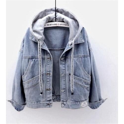 Denim Jacket Women loose Hooded Spring and Autumn 2021 New Korean BF Long-sleeved Short Multi-pocket Jacket Womens Clothes A339