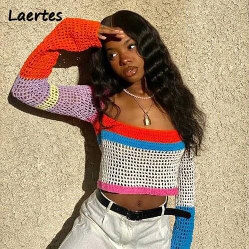 Laertes Casual Autumn 2021 Women Sweater Long Sleeve Loose Kintted Sexy Hollow Out Orange Pink Vintage Y2K Women Clothing Tops