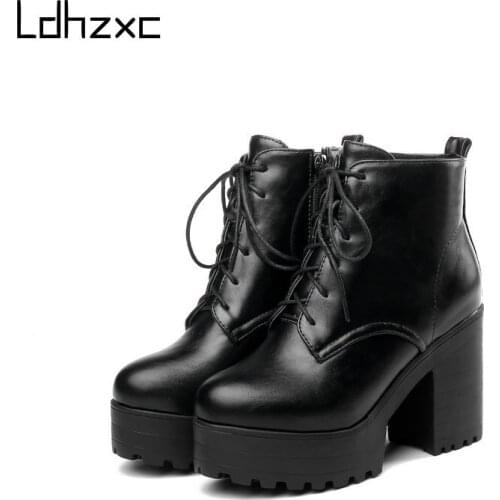 LDHZXC Wholesale Women Boots Platform Rubber Sole Ladies Casual Shoes Plus Size Black High Heels Zipper Pu Leather Boots
