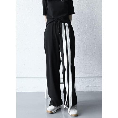 Summer 2021 thin black stripe split sports Street casual pants large wide leg straight pants for men and women