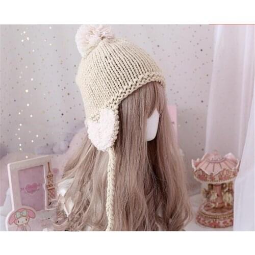 Kawaii Sweet Lolita Lovely Winter Earmuff Knitted Hat Mori Girl Warm Cap Christmas Knitting Woolen Hat B851