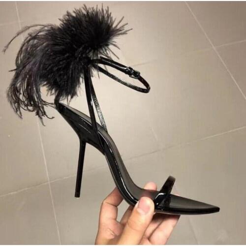 Moraima Snc Newest Open Toe High Heel Sandals Woman Summer Sexy Thin Heels Gladiator Shoes Ankle Strap Feather Dress Heels