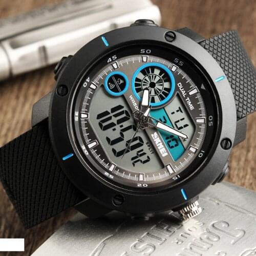 SKMEI Chronograph Men Sports Watch 2 Time Zone Date Digital LED Military Fashion Casual Electronics Quartz Wristwatches