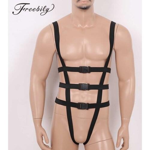 Men Full Body Chest Harness Belts Waist Straps Elastic Suspenders With Jock Strap Bottoms Plastic Buckles Cosplay Club Costumes