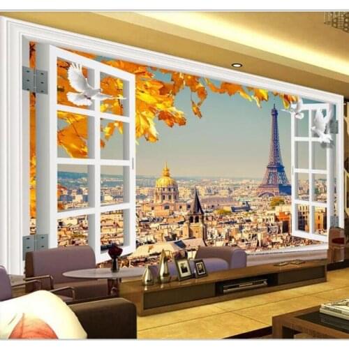 Beibehang Wallpaper custom living room bedroom mural 3D window window Eiffel Tower sofa TV decorative background wall painting