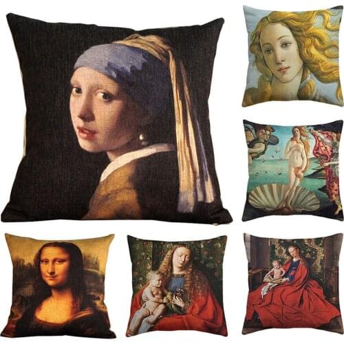 European Famous Paintings Mona Lisa Cushion Cover Vintage Oil Painting Pillow Case Home Decorative Sofa Linen Cushions Covers