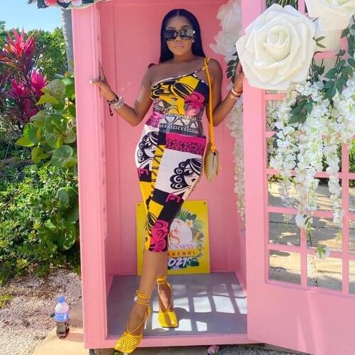 Characters Geometric Pattern Skinny Pencil Dress Women One Shoulder Asymmetrical Bandage Dress Vintage Sleeveless Backless Robe