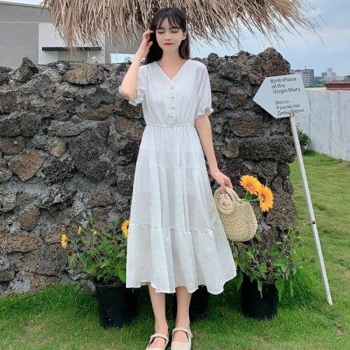 Long Midi Dress Women V-Neck Short Sleeve Single Breasted Summer Dress Office Lady Korean