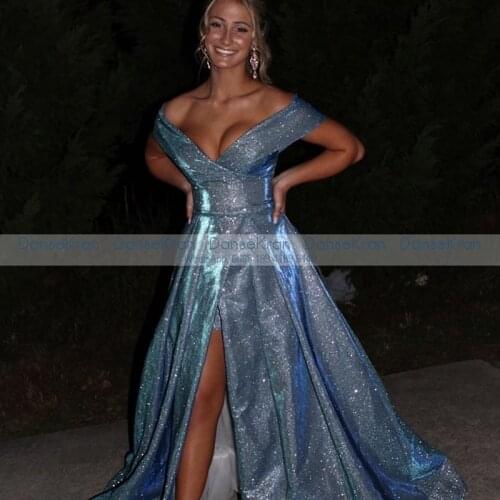 Shiny Sexy Prom Dresses 2021 For Party Side Split Sparkly Formal Evening Dresses For Women Off The Shoulder Vestidos De Gala