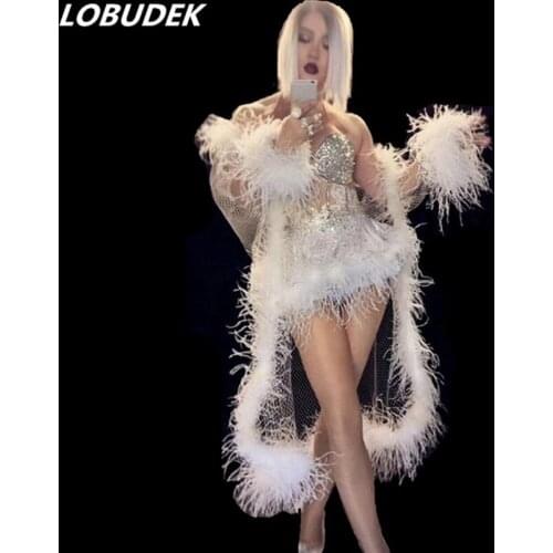 Sexy Women Nightclub Modern Dance Costume Shining Crystals Bodysuit Party Birthday Celebration Clothing Stage 2 Piece Outfits