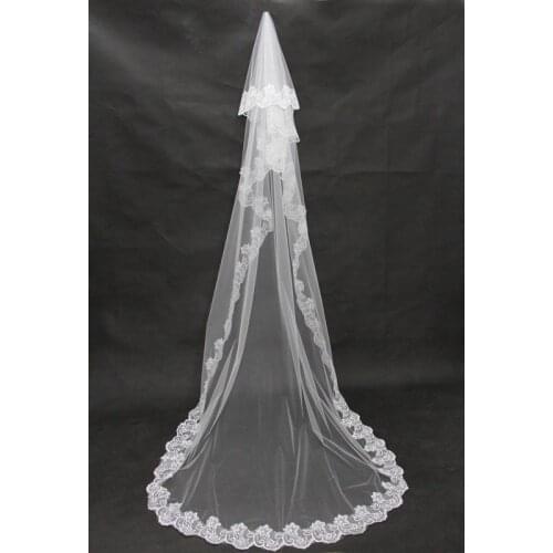 Princess Wedding Veils Cheap Long Lace Bridal Veils One Layer Custom Made Lace Applique Edge Bride Veil