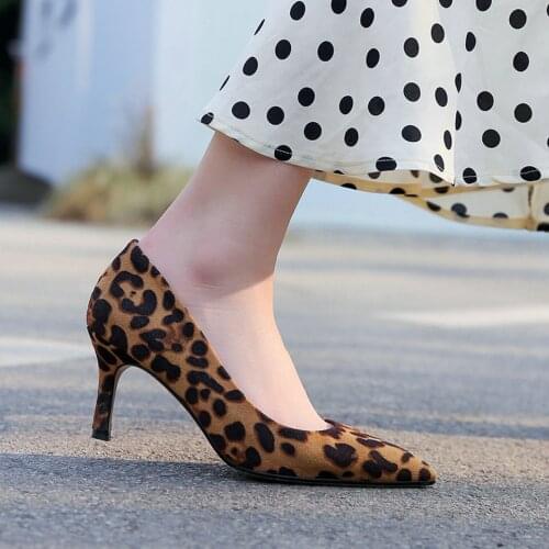 EshtonShero Shoes Women Pumps Flock Shoes Women Thin High Heels Slip On Leopard Womens Fashion Ladies Wedding Shoes Size 3-8