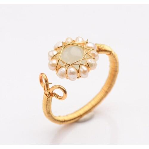 FYJS Unique Light Yellow Gold Color Wire Wrap Flower Crystal and Imitation Pearl Resizable Ring Ethnic Style Jewelry