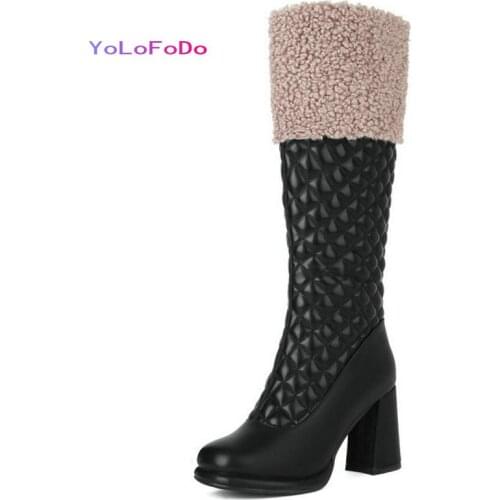 2021 Autumn Winter Women Knee High Boots Platform Square High Heel Ladies Calf Boots PU Leather Side Zipper Womens Boots Black