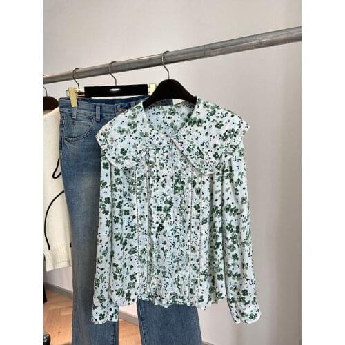 Women Cotton Blend Floral Printed Long Sleeve Hollow Out Patchwork Blouse Top - Ladies Doll Collar Hollow Stitching Flower Shirt