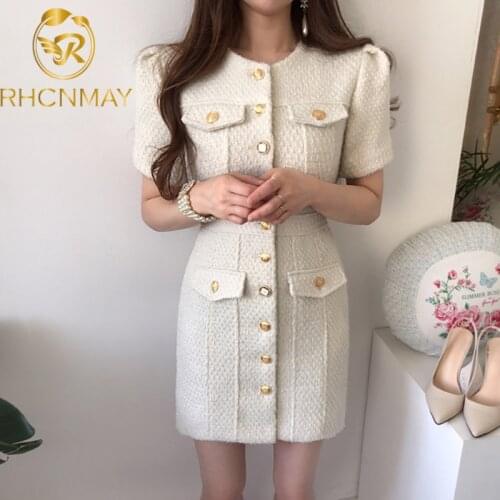 New 2021 Chic Autumn High Quality Women Fashion Summer Elegant Ladies Single Breasted Temperament Tweed Puff Short Sleeve Dress