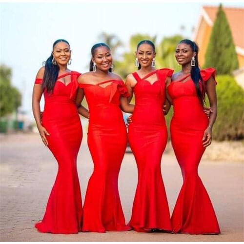Plus Size Mermaid Bridesmaid Dresses 2019 Sleeveless Red Ruffles Satin African Dubai Custom Made vestido longo