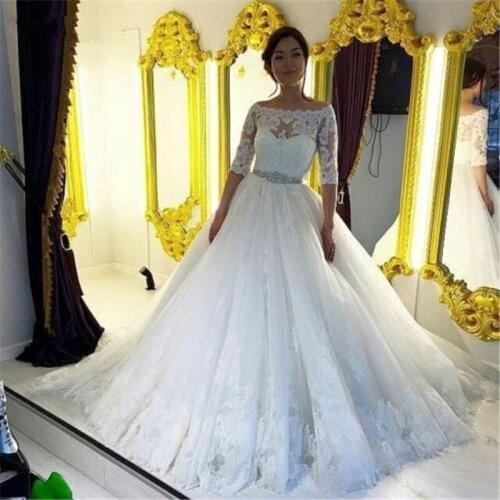 Half Sleeves Boat Neck White Ivory Tulle Lace Wedding Dress ball gown beading Vestidos De Novia Floor Length Women Bridal Gown