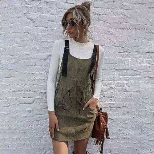 2021 Spring New Style Fashion Round Neck European and American Womens Playful Solid Color Corduroy Strap Waist Dress