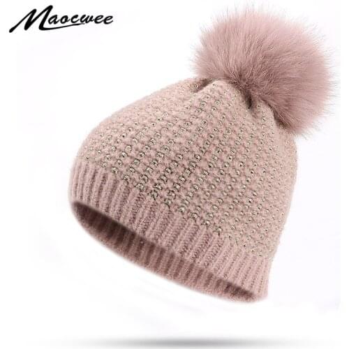 Winter Womens Beanie Hat With Real Fox Fur Pompon Golden Silk Knitted Beanie Hat For Girl Outdoor Fashion Warm Thick Bonnet Cap