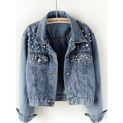 2021 Plua Size Denim Coat Womens Nail Bead Inlaid Diamond Coat Youth Fashion Light Blue Loose Denim Jacket