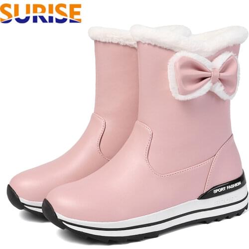 2020 Winter Women Snow Boots Pink Black Bowtie Warm Fur Casual Travel Outdoor Lolita Girl Sweet Bowtie Platform Flat Short Boots