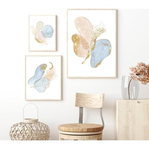 Abstract Blue Beige Geometric Poster Watercolor Canvas Painting Golden Wall Art Print Modern Pictures for Living Room Home Decor