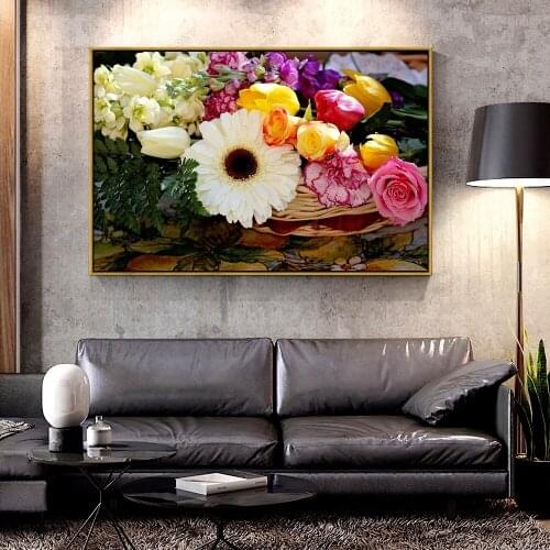 Artcozy Oil Canvas Painting roses_carnations_gerberas_tulips_flowers_arrangement_basket For Home Decoration Wall Art