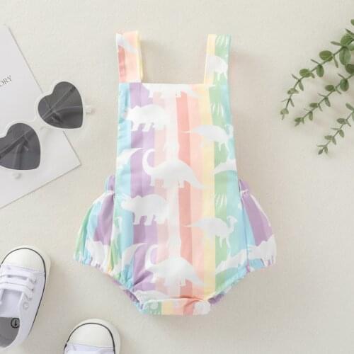 Baby Dinosaur Print Short Romper Sleeveless Square Collar Backless Sling Jumpsuit for Summer 2Colors New Summer