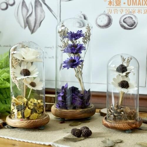 Home Art Decor Glass Cover with dry flowers wedding decoration wood pad glass cup vases holiday decoration