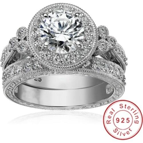 Vintage Round 1.5ct Lab Diamond Ring Birdal sets 925 sterling silver Bijou Engagement Wedding band Rings for Women Jewelry