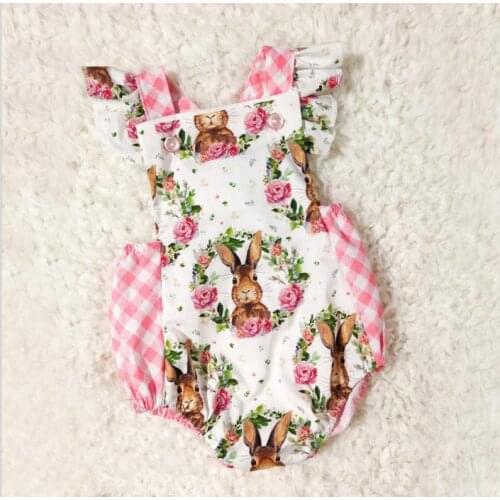 Newborn Baby Girls Romper Easter Clothes Princess Bunny Wreath Printed Plaid Lace Bodysuits Jumpsuit Sunsuit